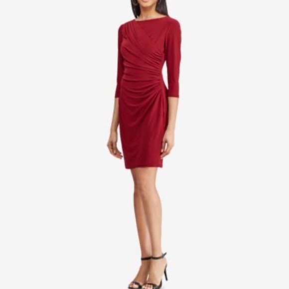 Lauren Ralph Lauren Womens Red Dress Cocktail Party Ruched 10 Preppy Minimalist - Picture 1 of 16